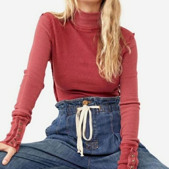 NEW Free People JoJo Long Sleeve Ribbed Thermal Snap Cuff Top in Hot Pink - Picture 2 of 11